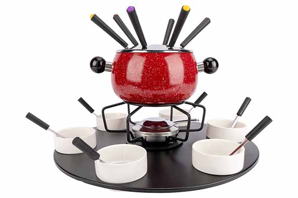 Fondue Ø 16 cm emaille + 6 vorken + 6 kommetjes