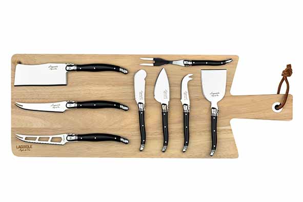 Premium Line kaasmessenset 8pcs zwart met serveerplank rubberhout