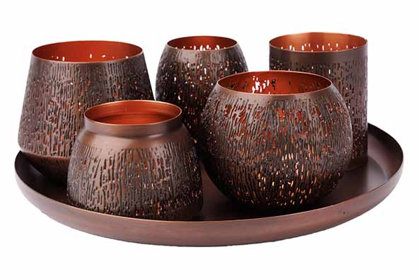 6er-Set Teelichthalter und Teller Kupfer, 30 x 30 x 10 cm