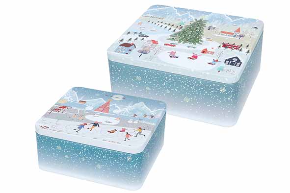 Set van 2 koekjestrommels Winter Wonderland, groot, 18 x 16 x 8 cm en 21 x 19 x 9 cm