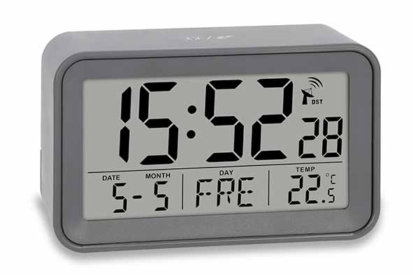 Digital alarm clock grey radio controlled incl. 2x AAA