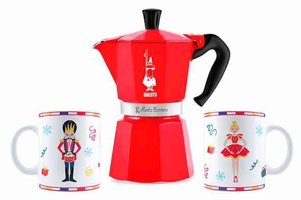 Schiaccianoci moka express 6 cups + 2 mugs red, aluminium