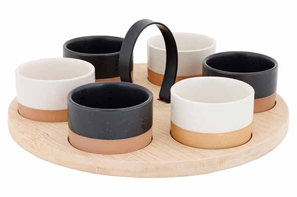 Aperoset serveerplank bamboe + 6 schaaltjes Ø 6,5 x 4 cm