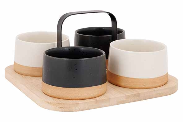 Apero bamboe serveerplank met 4 kommen Ø 9 x 5,5 cm