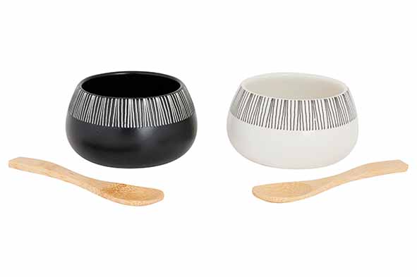 Etosha aperoset 2 kommen en 2 bamboelepels, steengoed, Ø 7,5 cm, 19,5 x 10,3 x 6 cm
