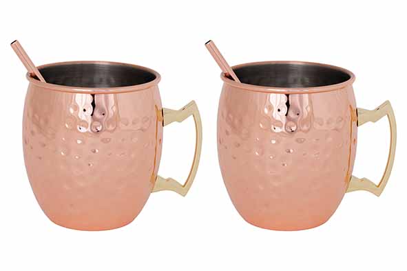 2er-Set Moscow Mug aus Kupfer, gehämmert, 45 cl, mit Trinkhalmen