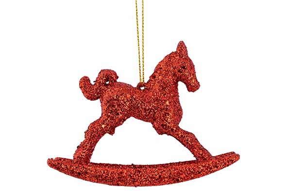 Kerstboomhanger rocking horse glitter rood, kunststof, 3 x 10 x 8 cm