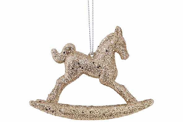 Kersthanger schommelpaard glitter champagne 3 x 10 x 8 cm