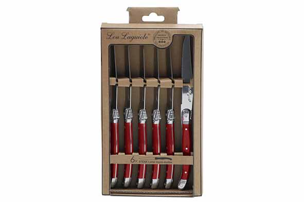 Rustic steakmes rood set van 6 roestvrij staal