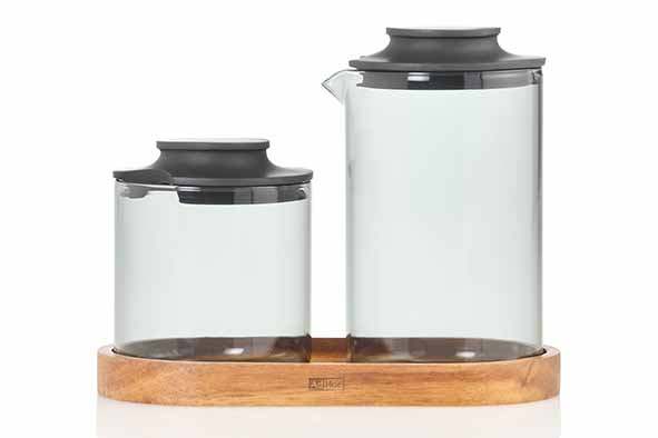 Impact suiker-melkpot grijs set van 3 met dienblad acacia 15,5 x 8 x 6,5 cm