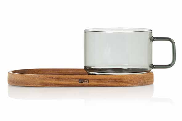 Impact koffiekop 30 cl grijs met dienblad borosilicaatglas acacia 19 x 9,5 x 6,5 cm