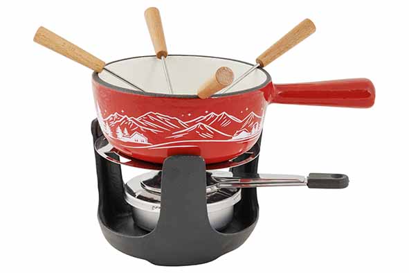 Aspen fondueset rood Ø 14 cm gietijzer met 4 vorkjes