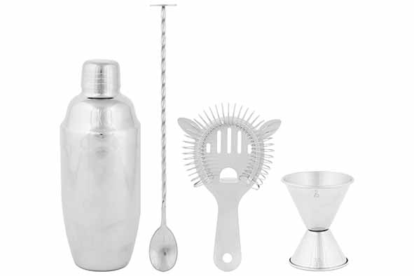 Cocktailset van 4 in zilver met shaker, barmaatje, zeef en cocktaillepel