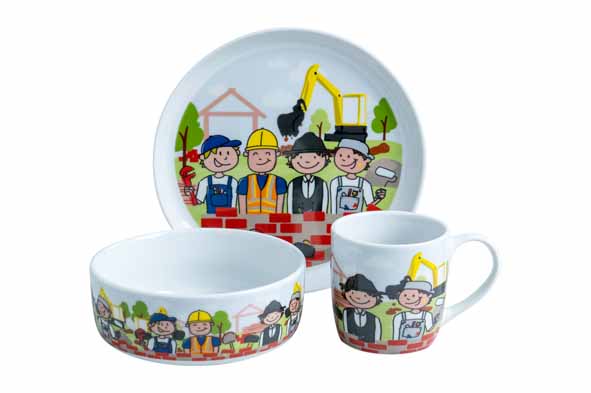 Kinderservies bouwwerf set van 3, bord, kom en beker, porselein