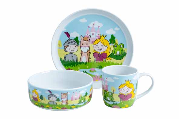 Kinderservies prinses set van 3, bord, kom en beker, porselein