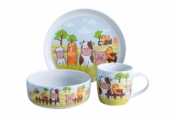 Kinderservies boerderij set van 3, bord, kom en beker, porselein