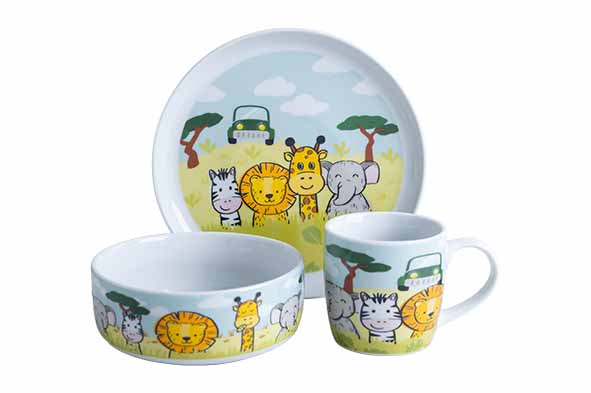Kinderservies safari set van 3, bord, kom en beker, porselein