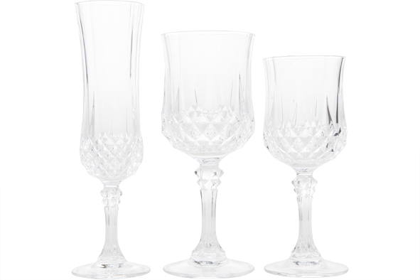 Longchamp glazenset van 18, 6 wijnglazen wit, 6 rood, 6 champagne