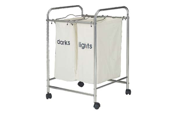 Wasgoedsorteerder op wielen, 2 zakken, 50 x 47,5 x 73 cm, metaal, zilver