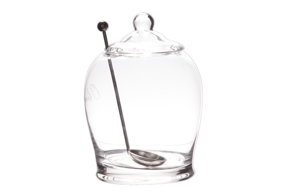 Olivengefäß mit Löffel Ø 7 x 14 cm, Glas, Edelstahl, 2er-Set