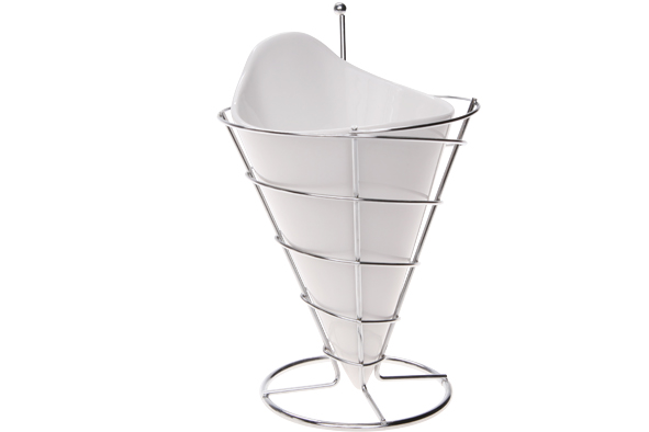 Frietbakje van porselein, Ø 12 cm, hoogte 23 cm, met chroomhouder
