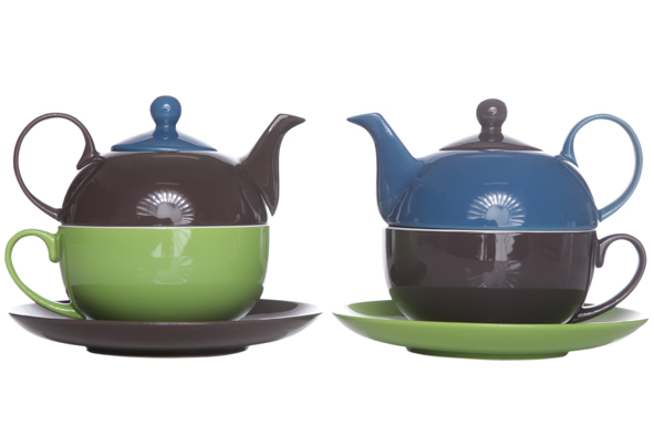 Theepot met kopje grijs-blauw-groen 19 cm